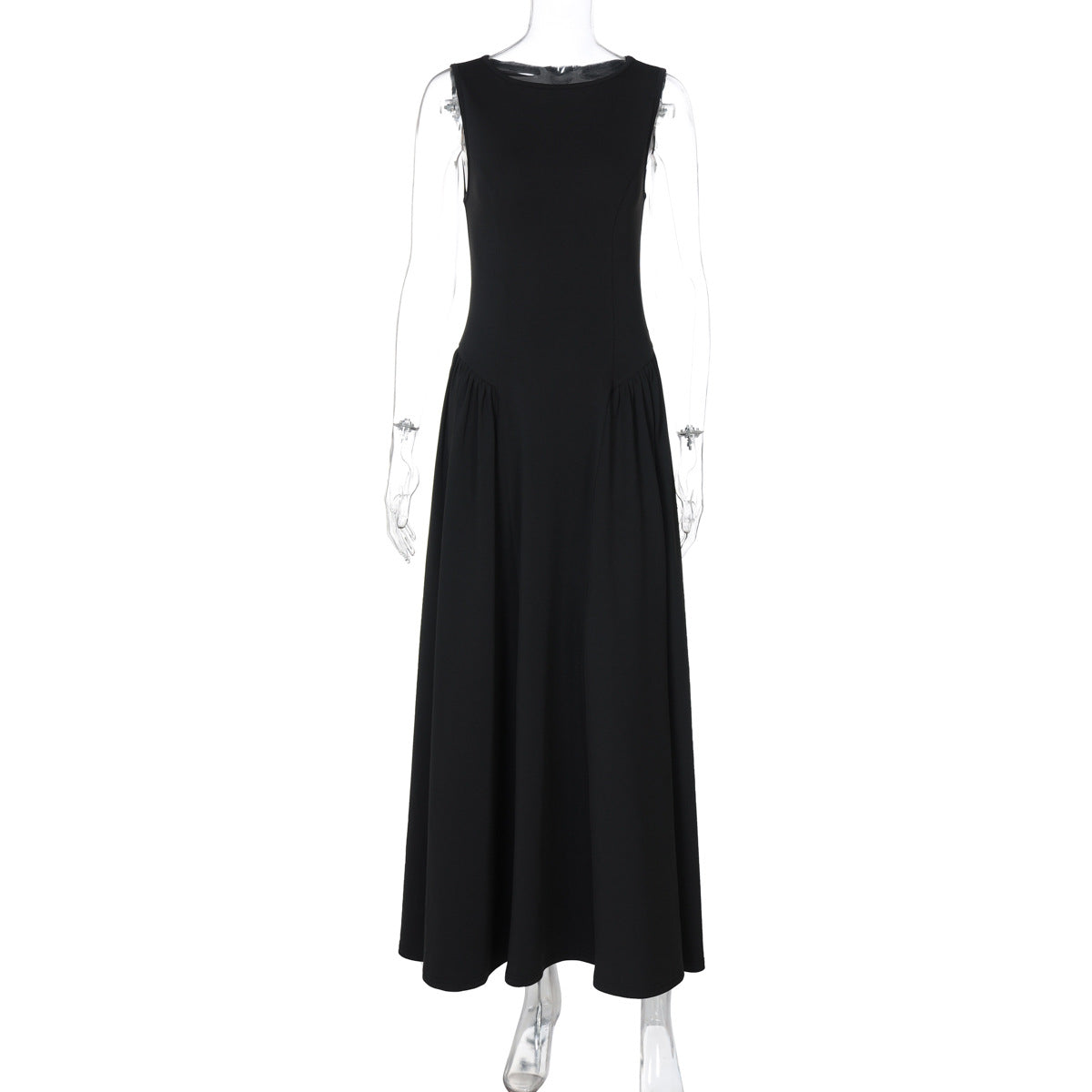 Women Clothing Autumn Solid Color round Neck Sleeveless Pleated Large Swing Dress Fashionable Elegant Dress by Ragazza