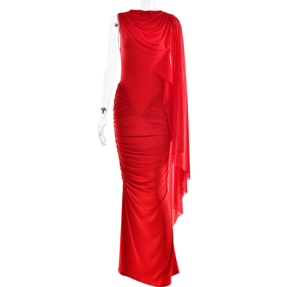 Fashionable Pleated Mesh Shawl Dress Sexy Sheath round Neck Slim Dress by Ragazza
