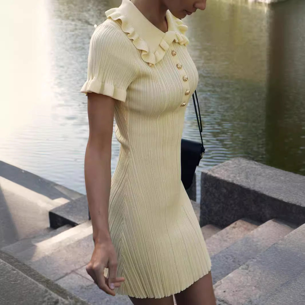 Ruffled Classic Dress Summer Retro French Hepburn Tight Knitted Dress by Ragazza