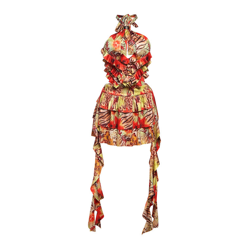 Summer Women Clothing Sexy Halter Lace up Backless Short Printing Dress by Ragazza