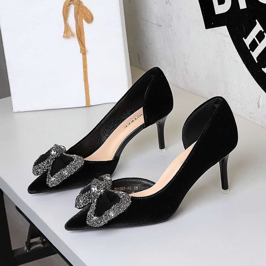 Wind Black Dignified Rhinestone Decorative Bowknot Pointed Shallow Mouth Side Hollow Out Cutout Sexy Pumps DestGlow