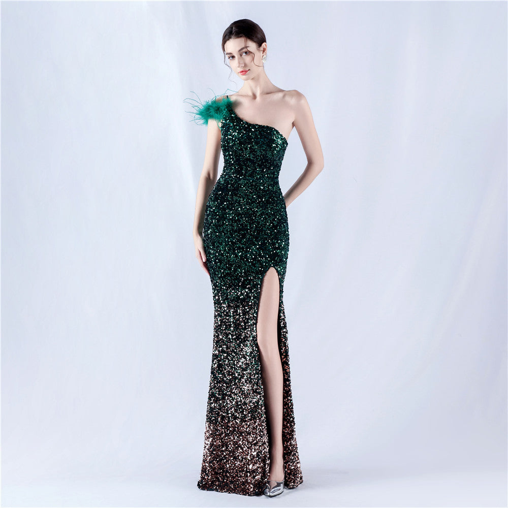 Dress Gradient Velvet Bottom Sequin Craft Order Ostrich Feather One Shoulder Diagonal Collar High Fork Evening Dress by Ragazza