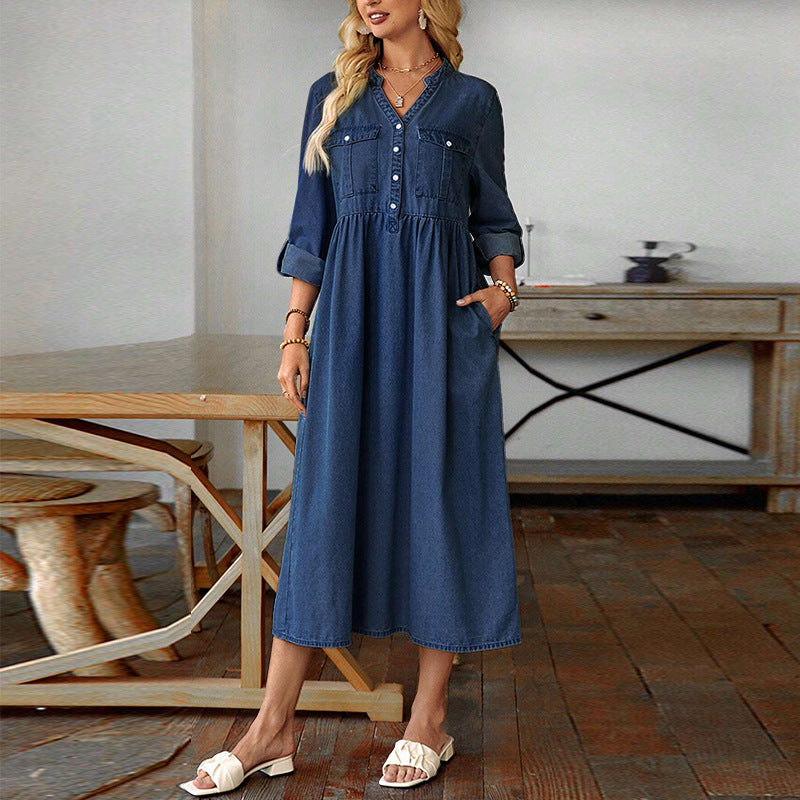 Women Clothing French Long Sleeve V neck Denim Maxi Dress by Ragazza