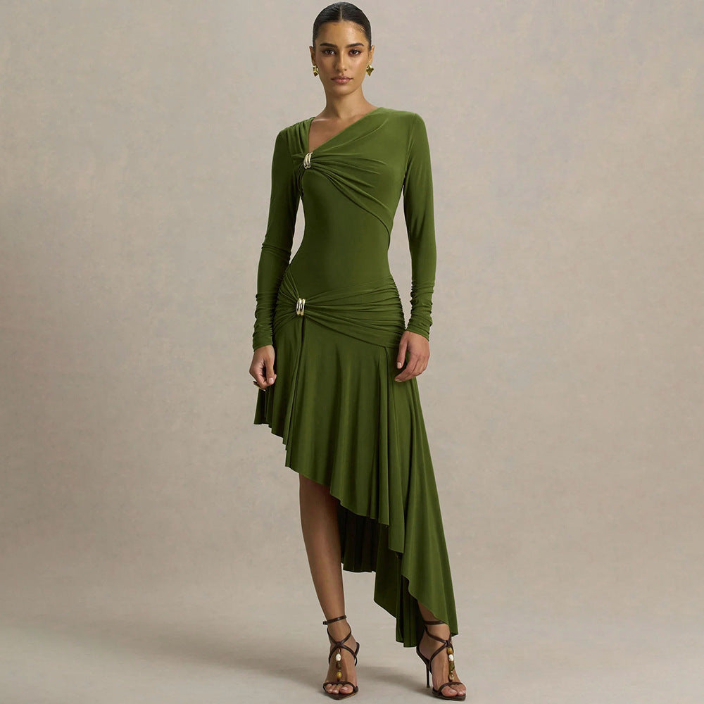 Autumn Winter Graceful Fashionable Women Slim Dress Sexy Pleated Irregular Asymmetric Maxi Dress by Ragazza