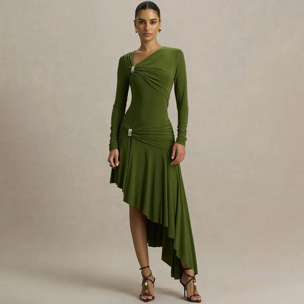 Autumn Winter Graceful Fashionable Women Slim Dress Sexy Pleated Irregular Asymmetric Maxi Dress