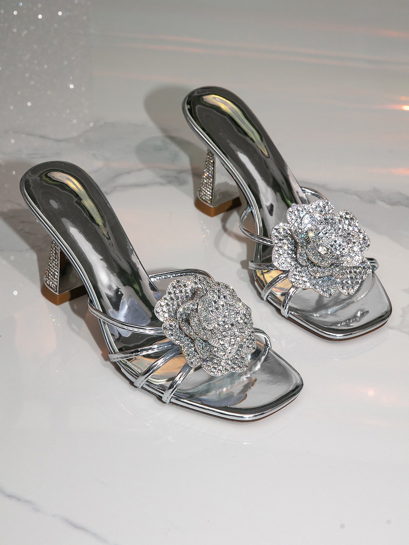 Women Summer Sandals High Heel Slippers Wine Cup Heel Rhinestone Floral High Heel Sandals Black Silver Gold DestGlow