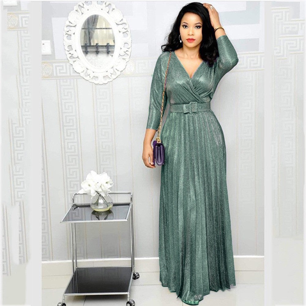 Winter African Women Wear Long Sleeve Bronzing Pleated Swing Dress with Belt Glittering Powder Fabric by Ragazza