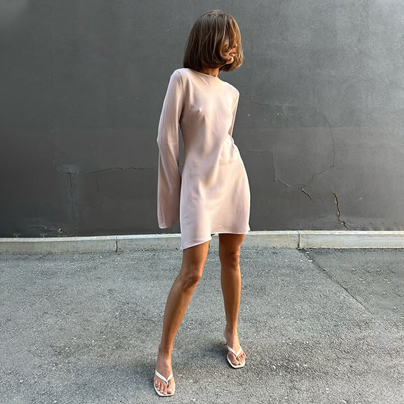 Fashionable Elegant Women Casual Loose round Neck Long Sleeve Satin Comfortable Dress Short by Ragazza