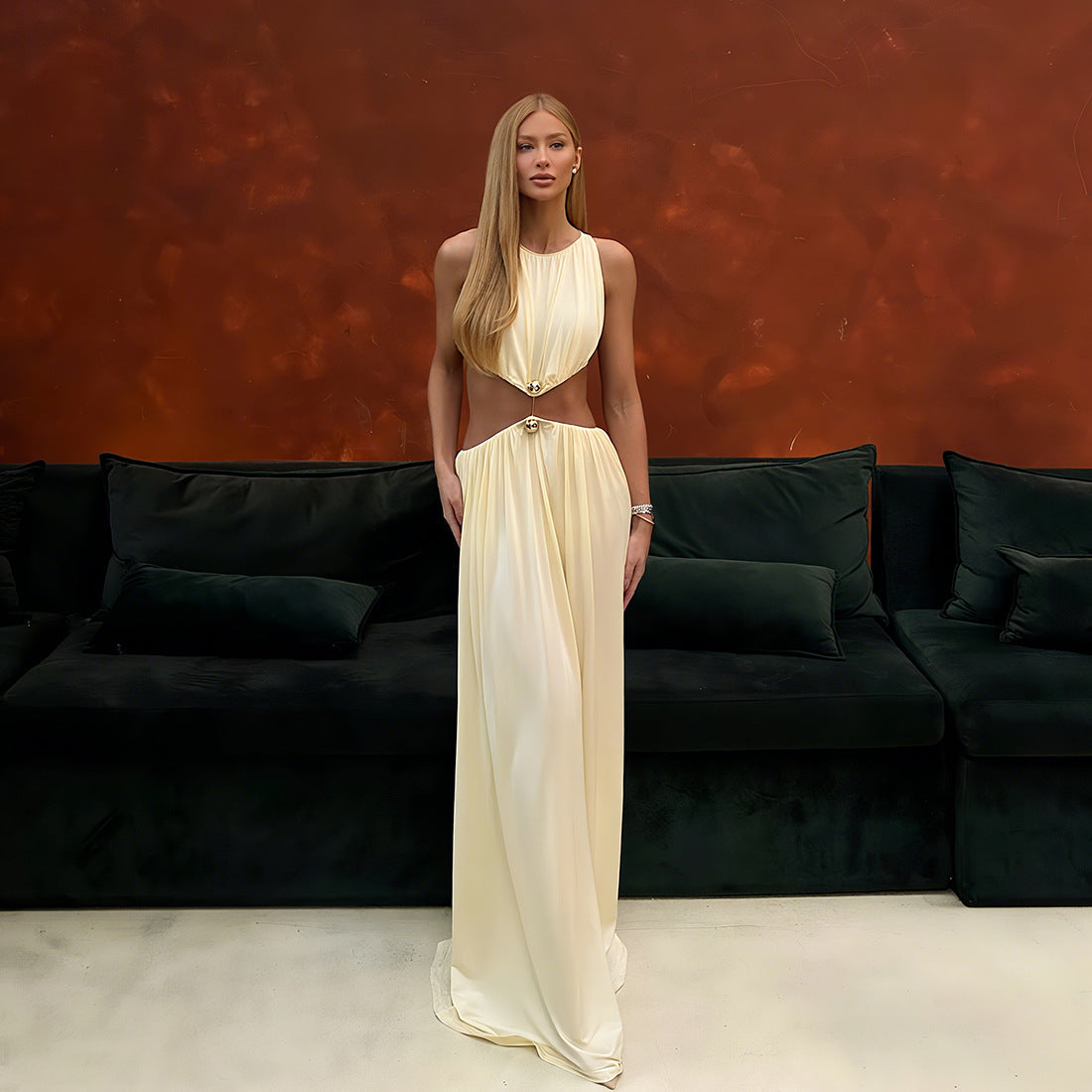 Fall Women Clothing Sexy Waist Hollow Out Cutout out Maxi Dress round Neck Sleeveless Solid Color Dress by Ragazza