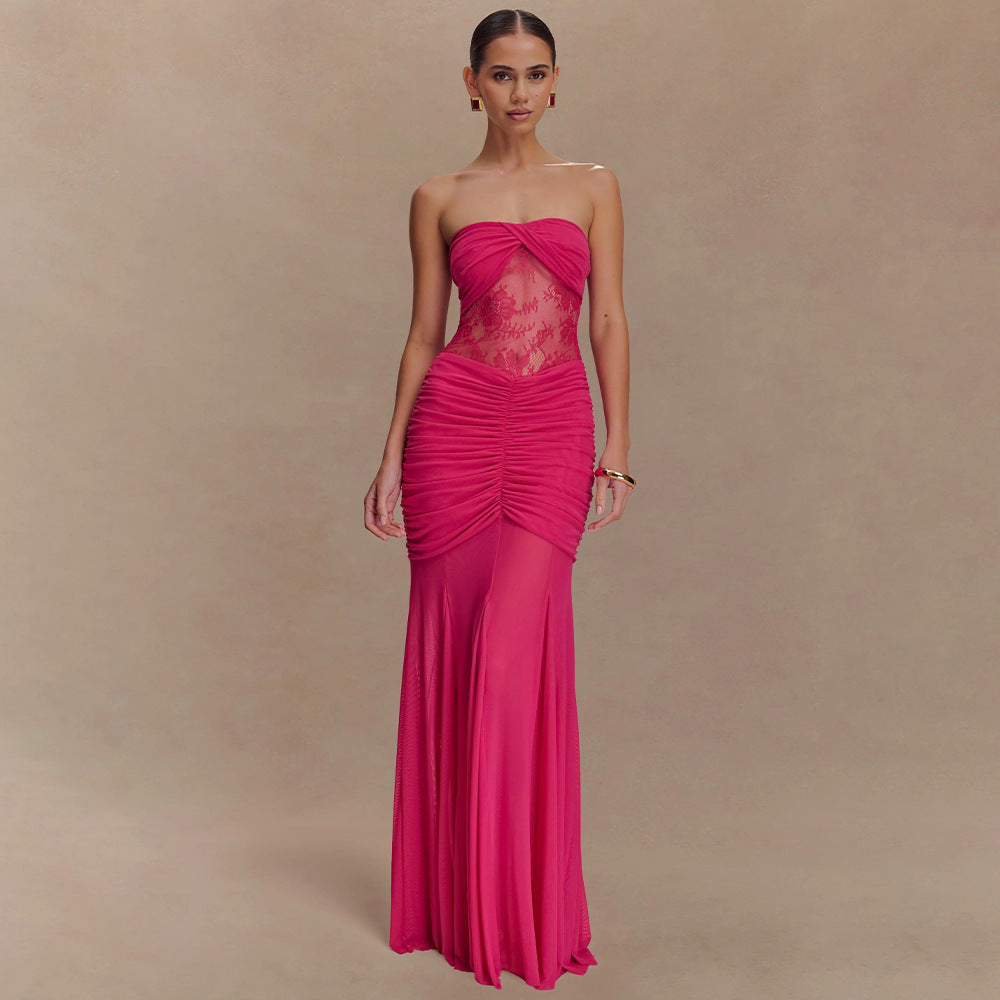 Summer Sleeveless Tube Top Dress Sexy Pleated Hollow Out Cutout Slim Dress for Women by Ragazza
