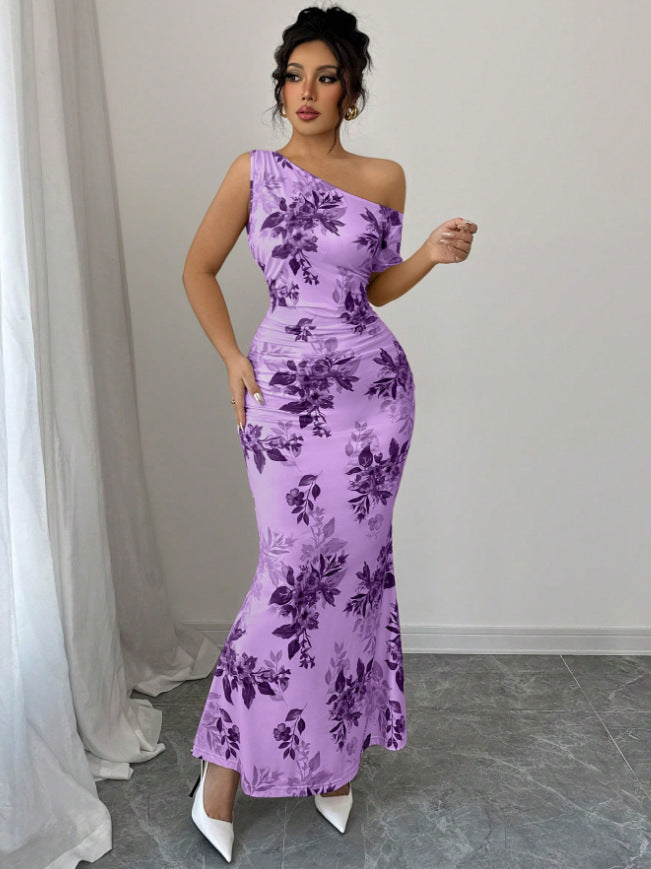 Printed Shoulder High Waist Sheath Dress Slimming Dress by Ragazza