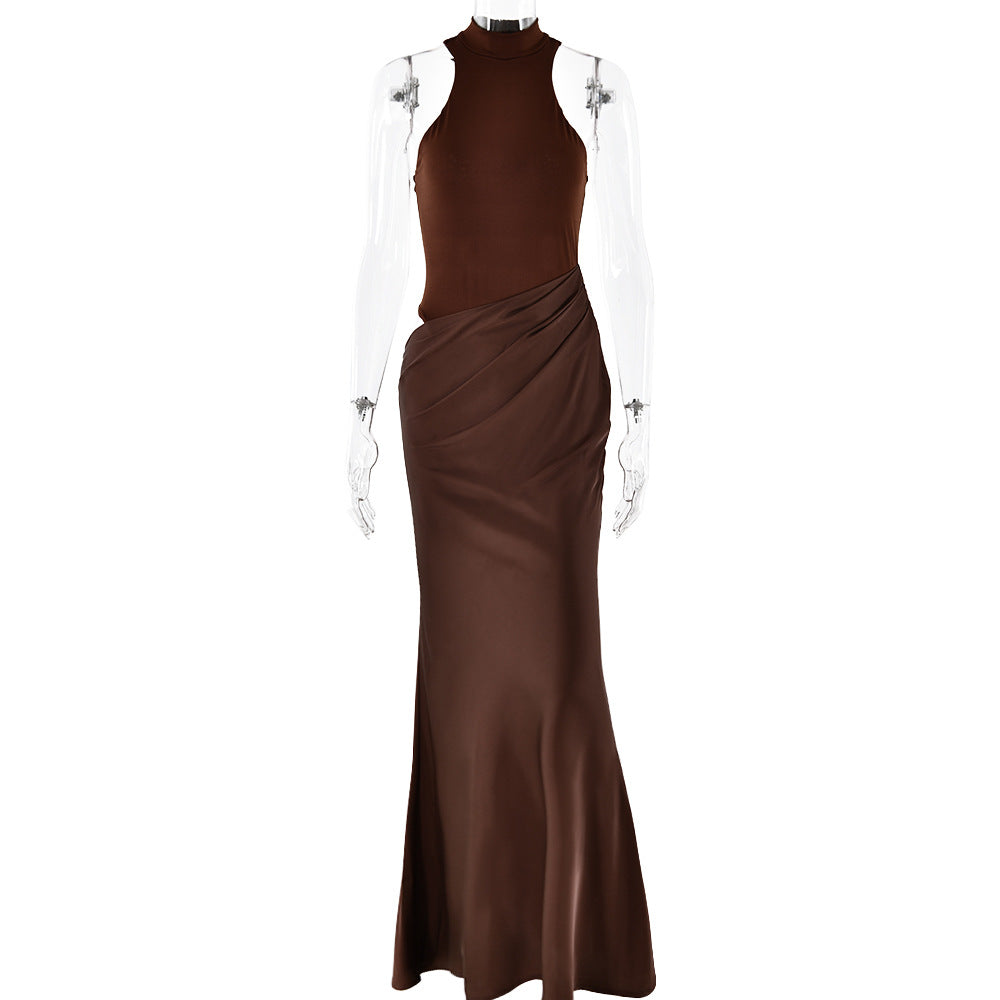 Women Dress round Neck Sleeveless Slim Fitting Patchwork Maxi Dress Hollowed out Dress by Ragazza