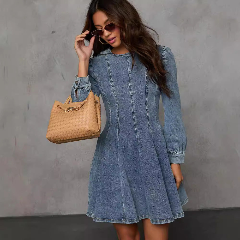 Autumn Casual Patchwork Tight Waist Women Denim Long Sleeve Dress by Ragazza