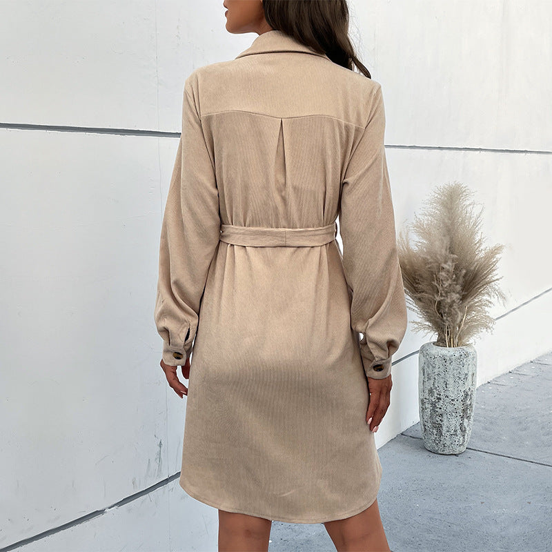 Autumn Dress Long Sleeve Solid Color Corduroy Shirt Dress DestGlow