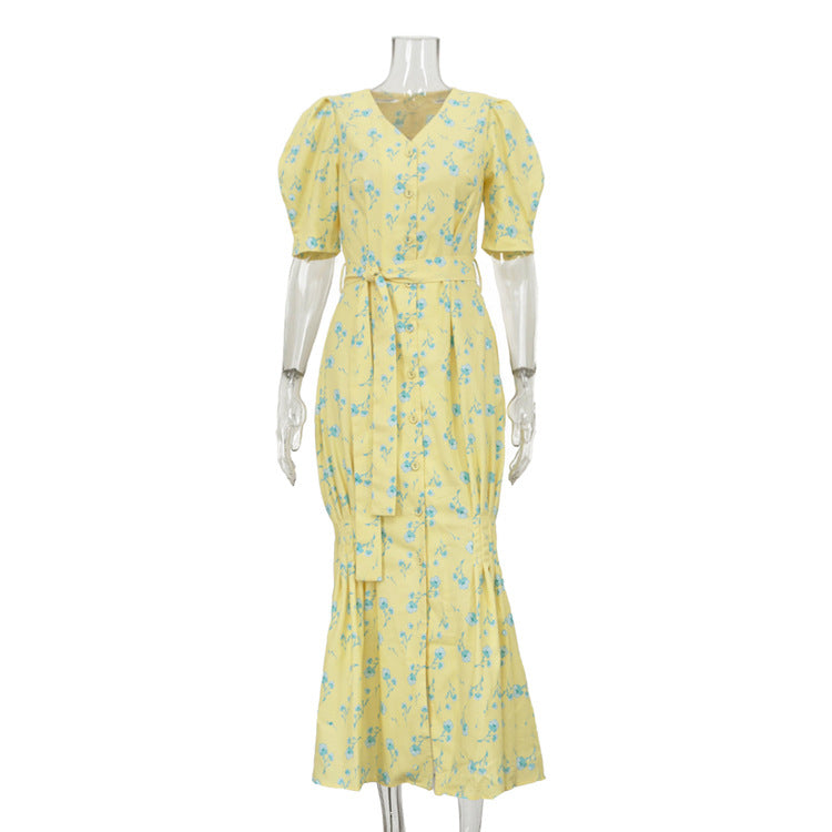 Summer French Printed Dress Women Clothing V neck Short Sleeve Split Lace up Hip Dress by Ragazza