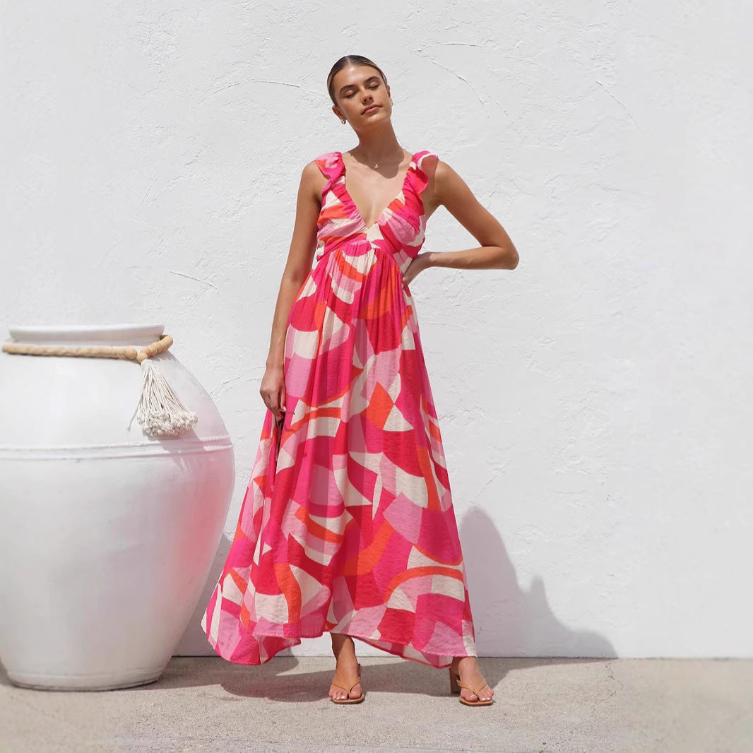 Summer Dress Same Printed V neck Large Swing Strap Dress Women by Ragazza