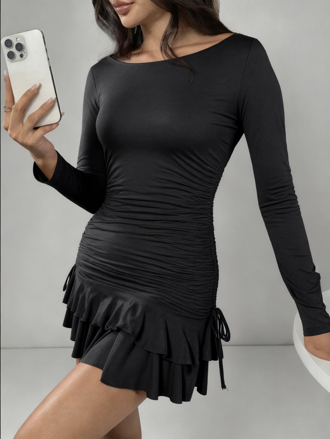 Sexy Slim Long Sleeve Tiered Dress Drawstring Graceful Fashionable Women Short Dress by Ragazza