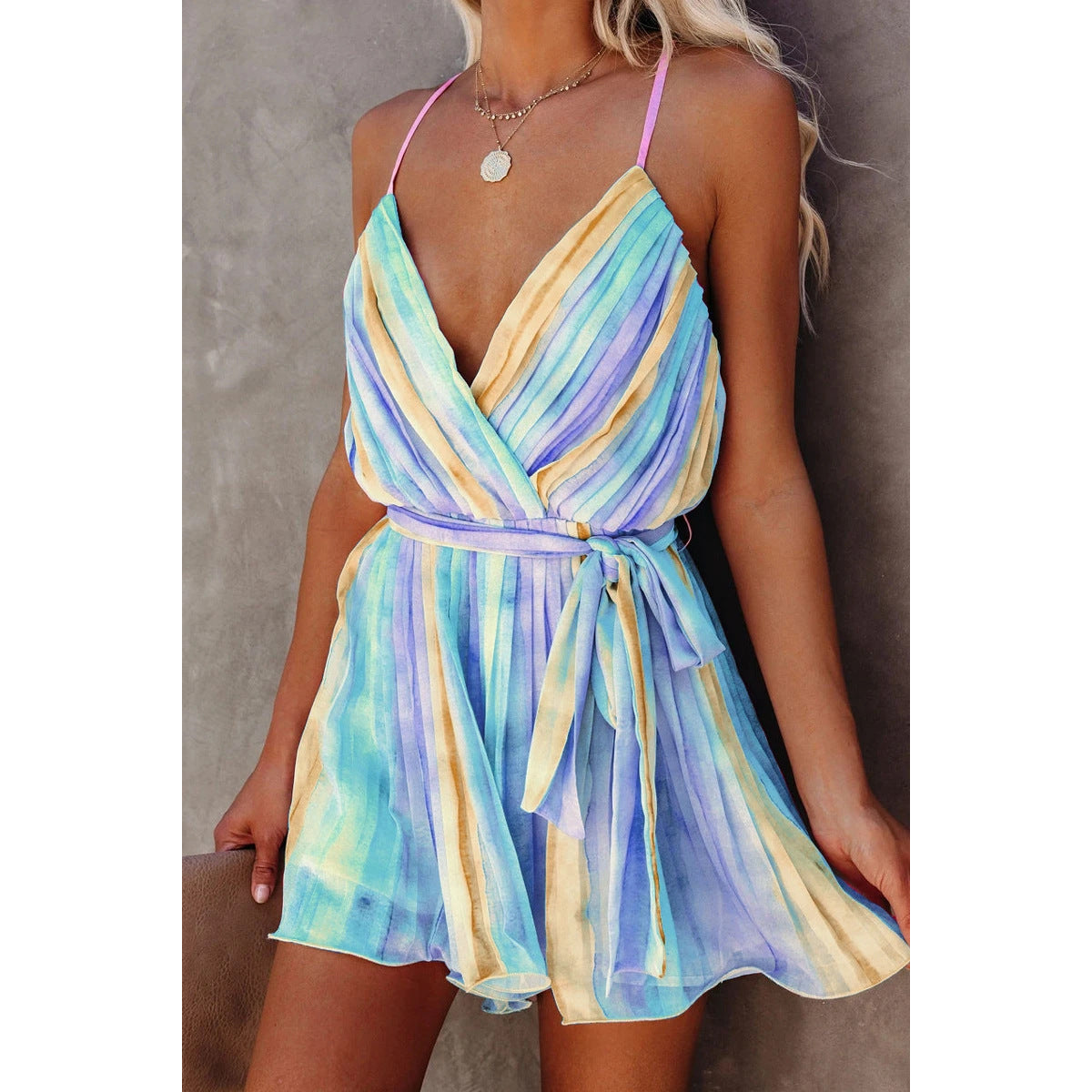 Spring Summer Suspender Pleated Chiffon Dress Home Lace up Sexy V neck Chiffon Dress by Ragazza