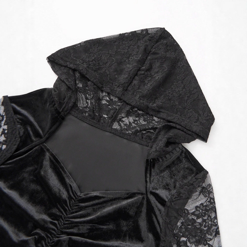 Gothic Vintage Lace Stitching Women Dress Gothic Bandage Ladies Long Sleeve Velvet Dress by Ragazza