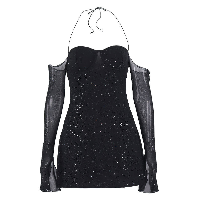Mesh Long Sleeve Dress Sexy Steel Ring Halterneck off Shoulder Sequin Dress by Ragazza