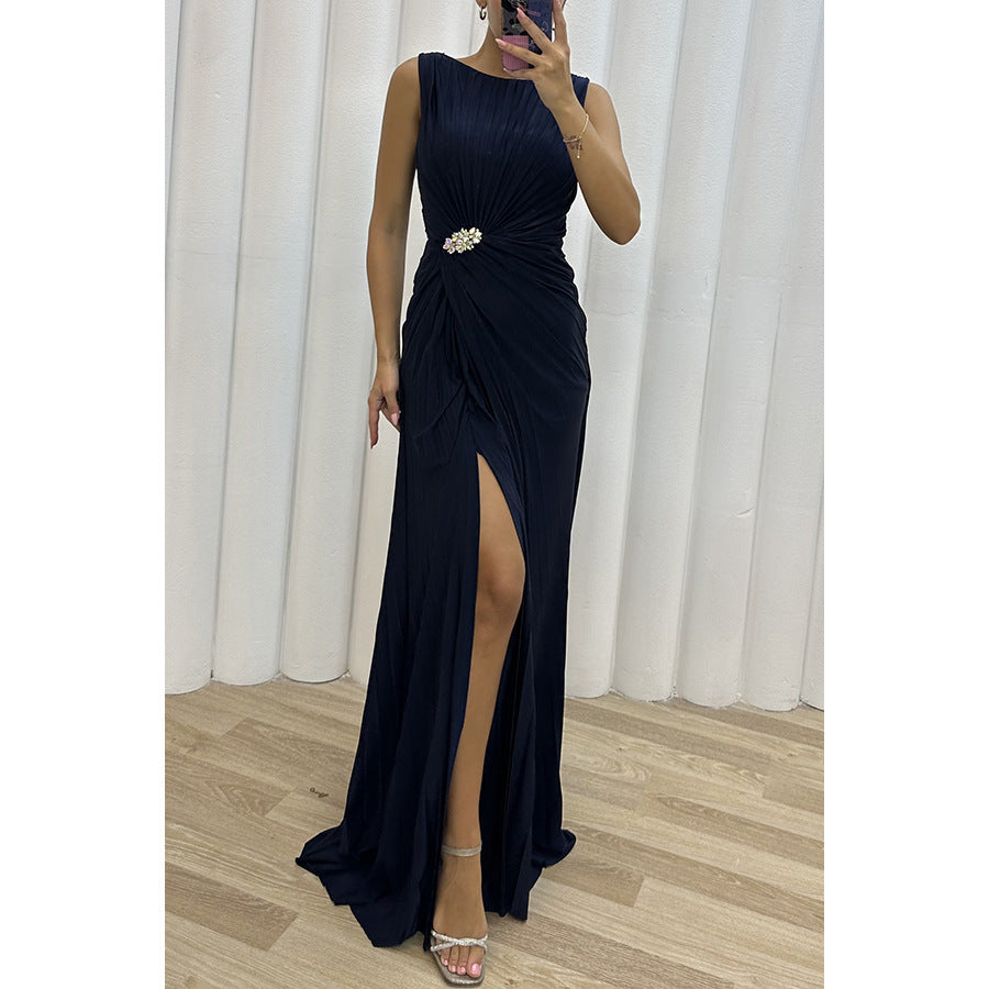 Pleated Split Casual Dress Sleeveless Dress Evening Dress Women by Ragazza