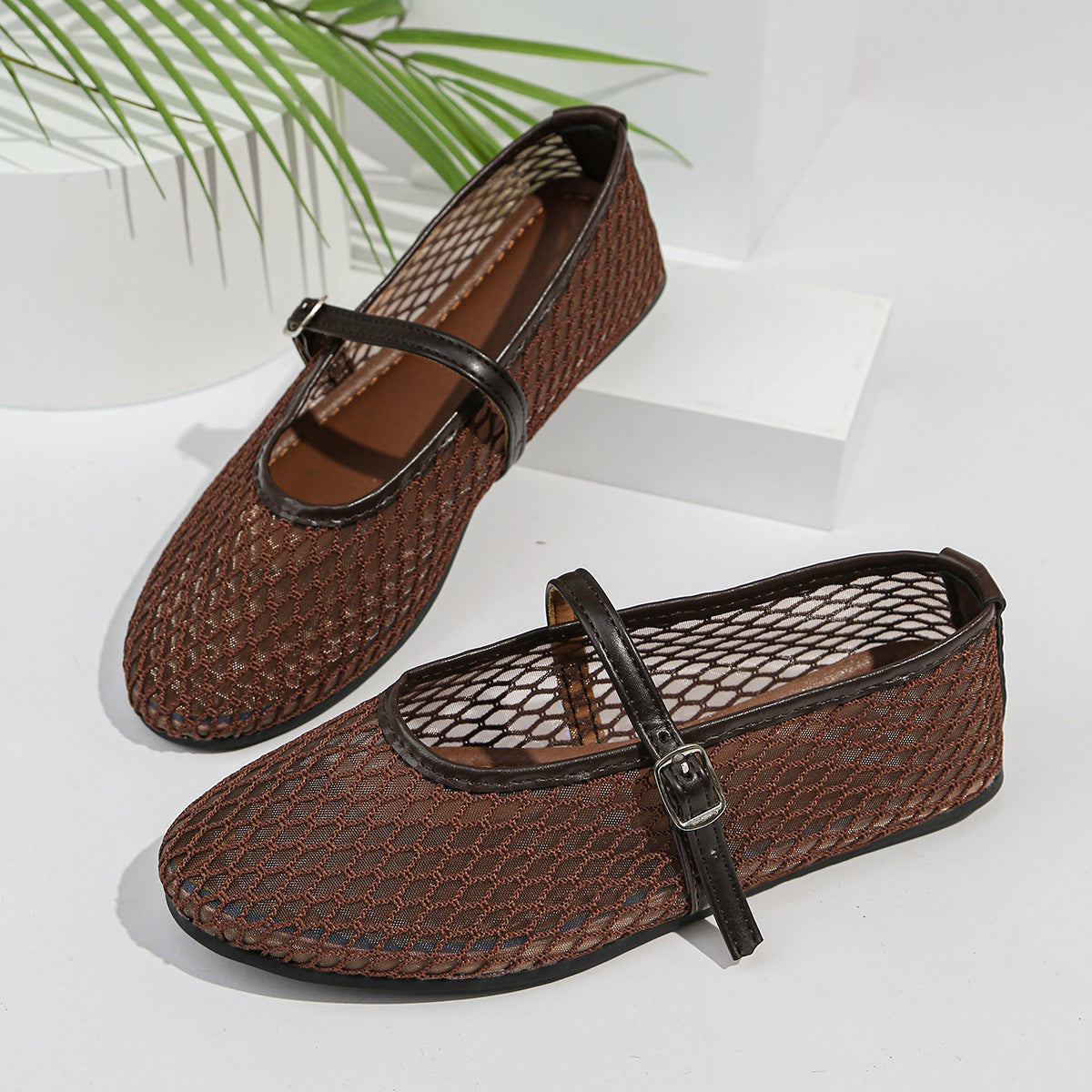 Fishnet Hollow Out Cutout out Ballet Shoes Women Summer Flat Belt Buckle Breathable Shoes DestGlow
