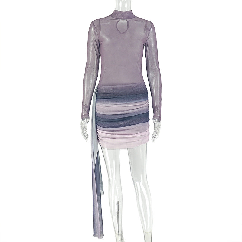 Gradient Women Clothing Slightly Transparent Slim Stand Collar Hip Dress Color Matching Long Sleeve Summer Short Dress by Ragazza