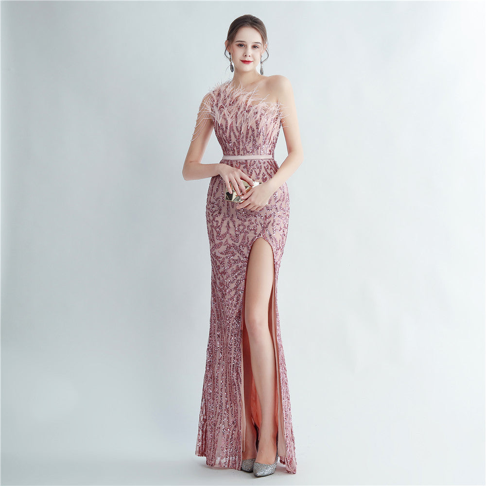 Heavy Industry Ostrich Hair Craft Beading Hair Oblique Shoulder Side Slit High End Evening Dress by Ragazza