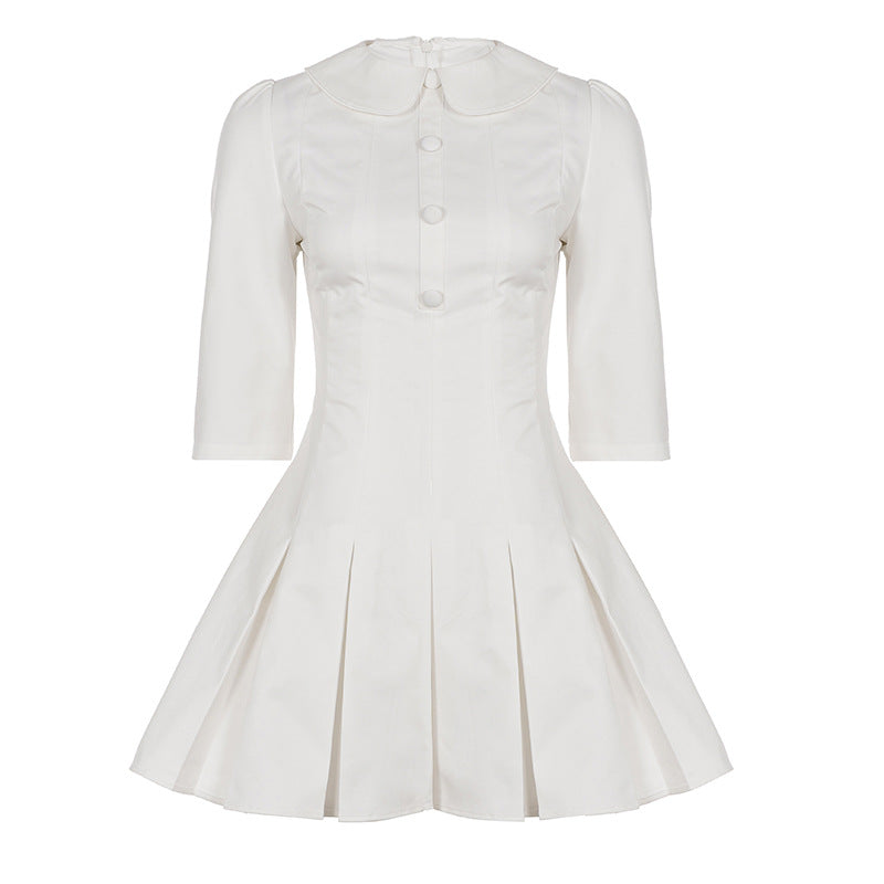 Early Autumn Preppy Doll Collar Breasted Waist Tight Graceful Half Sleeve Dress Sexy Girlish Pleated Dress DestGlow