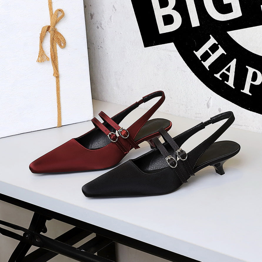 Korean Pointed Toe Strap Hollow Out Cutout Back Shoes Back Strap Comfortable Low Heel Pumps Low Cut Wine Cup Heel Satin Women Shoes DestGlow