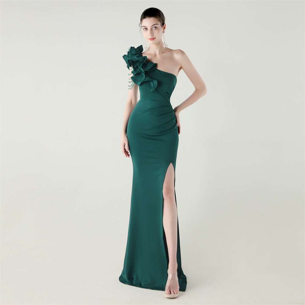 Single Shoulder Craft Beaded Nail Hair Wave Floral Satin High Slit Sexy Evening Dress Evening Cocktail Wedding by Ragazza