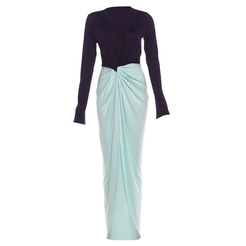 Autumn Winter Women Clothing Fashionable Elegant Deep V Plunge neck Long Sleeve Split Maxi Dress Women