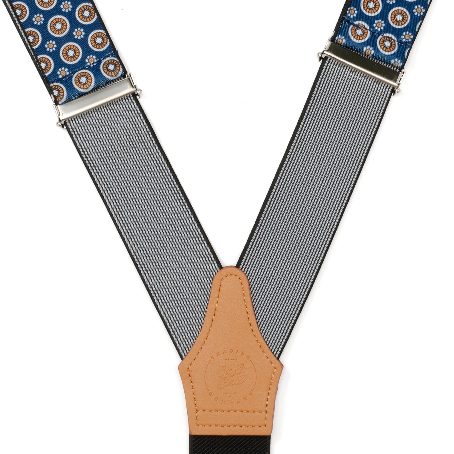 Blue Motif Patterned Convertible Suspenders by Cufflinks.com