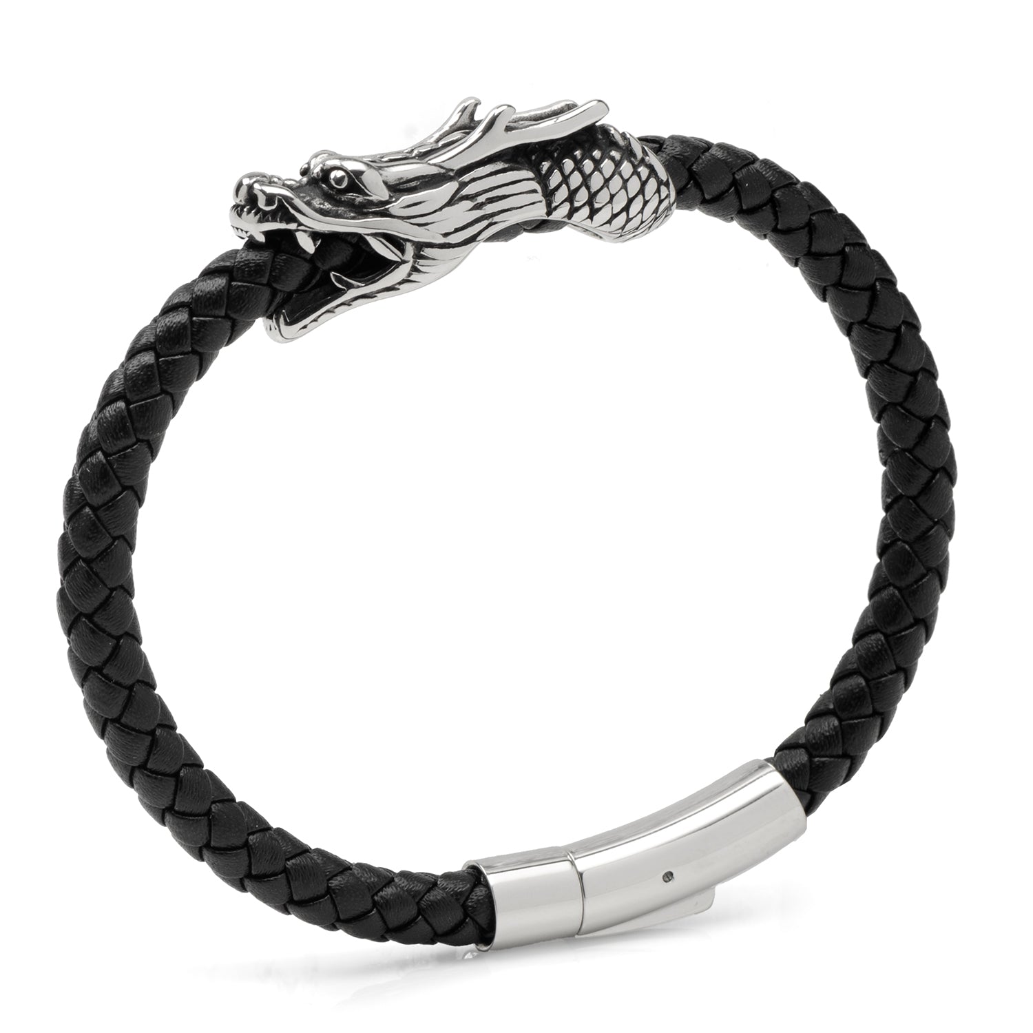 Dragon Head Braided Black Leather Bracelet with Magnetic Closure by Cufflinks.com