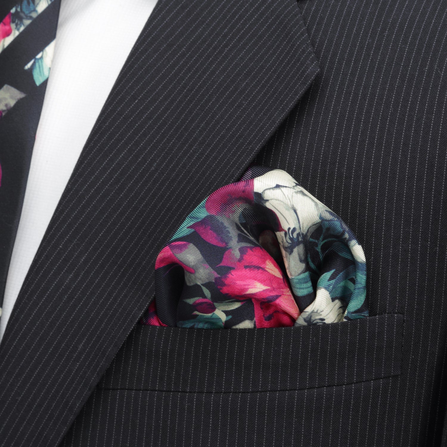 Painted Floral Navy Pocket Square by Cufflinks.com