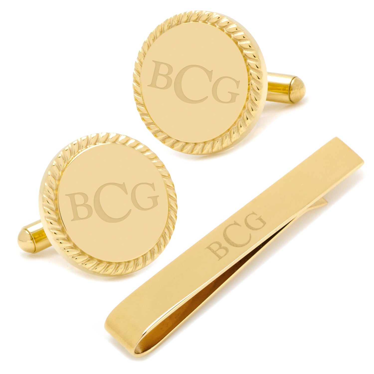Engravable Gold Plated Rope Border Round Cufflinks and Tie Bar Gift Set by Cufflinks.com