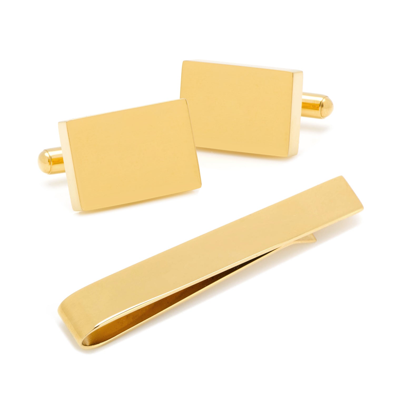 Engravable Rectangle Gold Cufflinks and Tie Bar Gift Set by Cufflinks.com