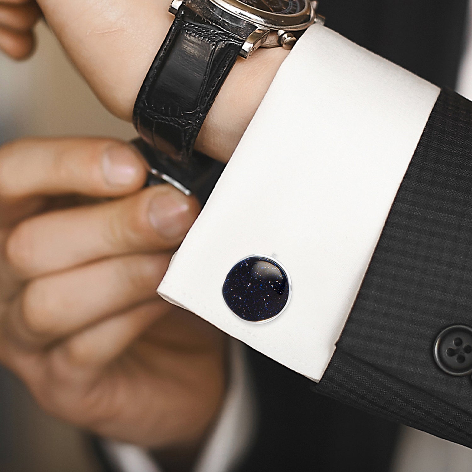 Sterling Silver Classic Round Blue Goldstone Cufflinks by Cufflinks.com