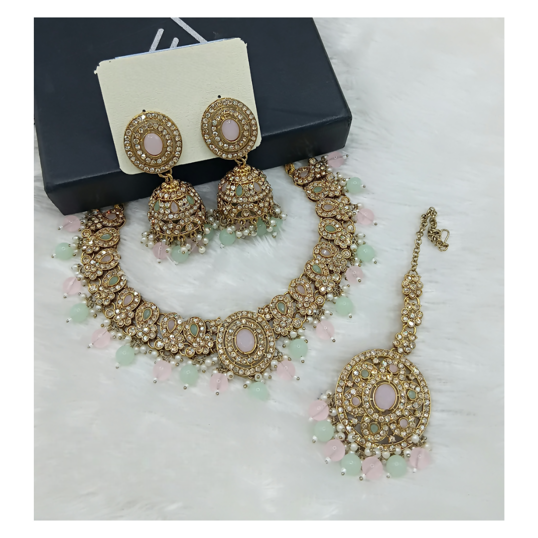 Joban Fashion L.Pink-Sea Green Stone Work Necklace Set