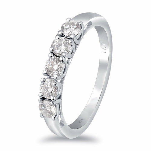 White Moissanite 5-Stone Ring Sterling Silver - Lab Grown Diamond Alternative Wedding Band