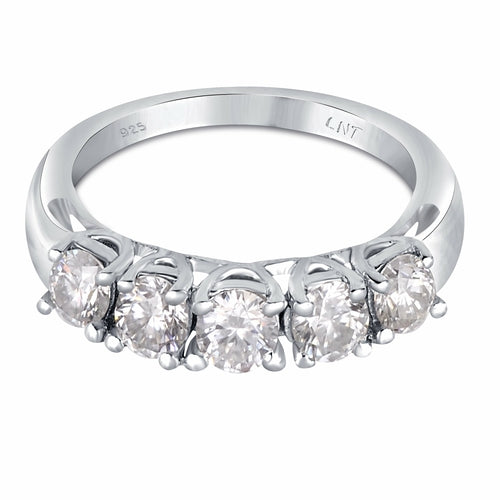 White Moissanite 5-Stone Ring Sterling Silver - Lab Grown Diamond Alternative Wedding Band