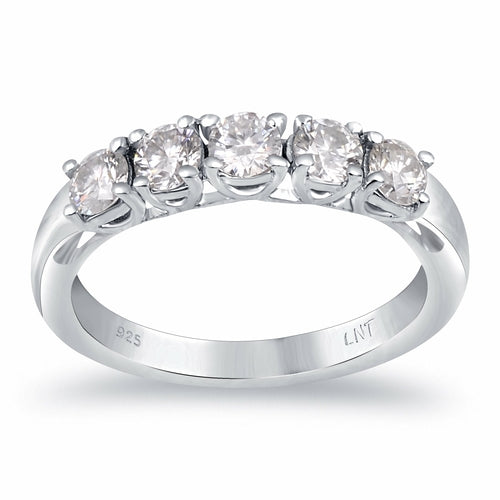 White Moissanite 5-Stone Ring Sterling Silver - Lab Grown Diamond Alternative Wedding Band