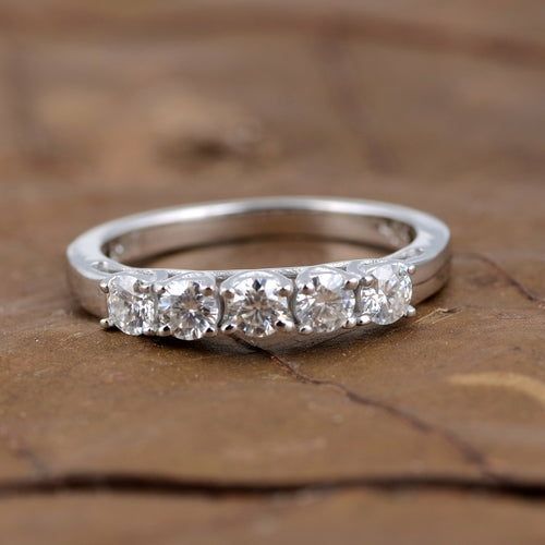 White Moissanite 5-Stone Ring Sterling Silver - Lab Grown Diamond Alternative Wedding Band