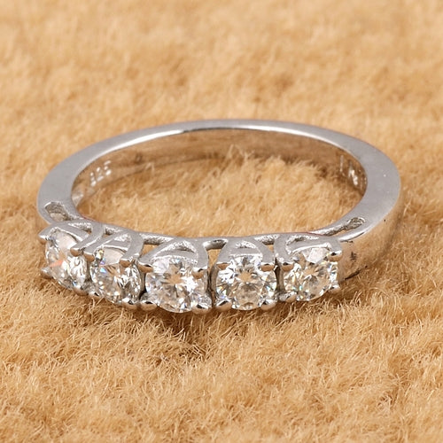 White Moissanite 5-Stone Ring Sterling Silver - Lab Grown Diamond Alternative Wedding Band