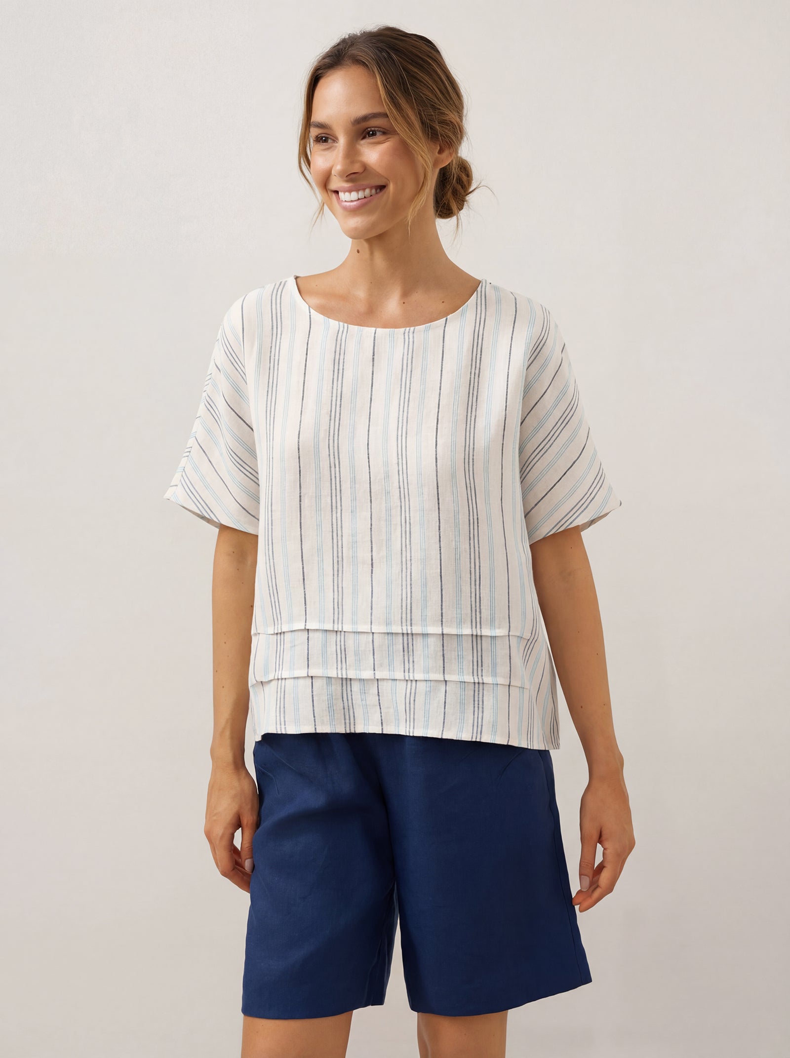 100% Linen Pleated Striped Pullover Top VIA by LINTICO