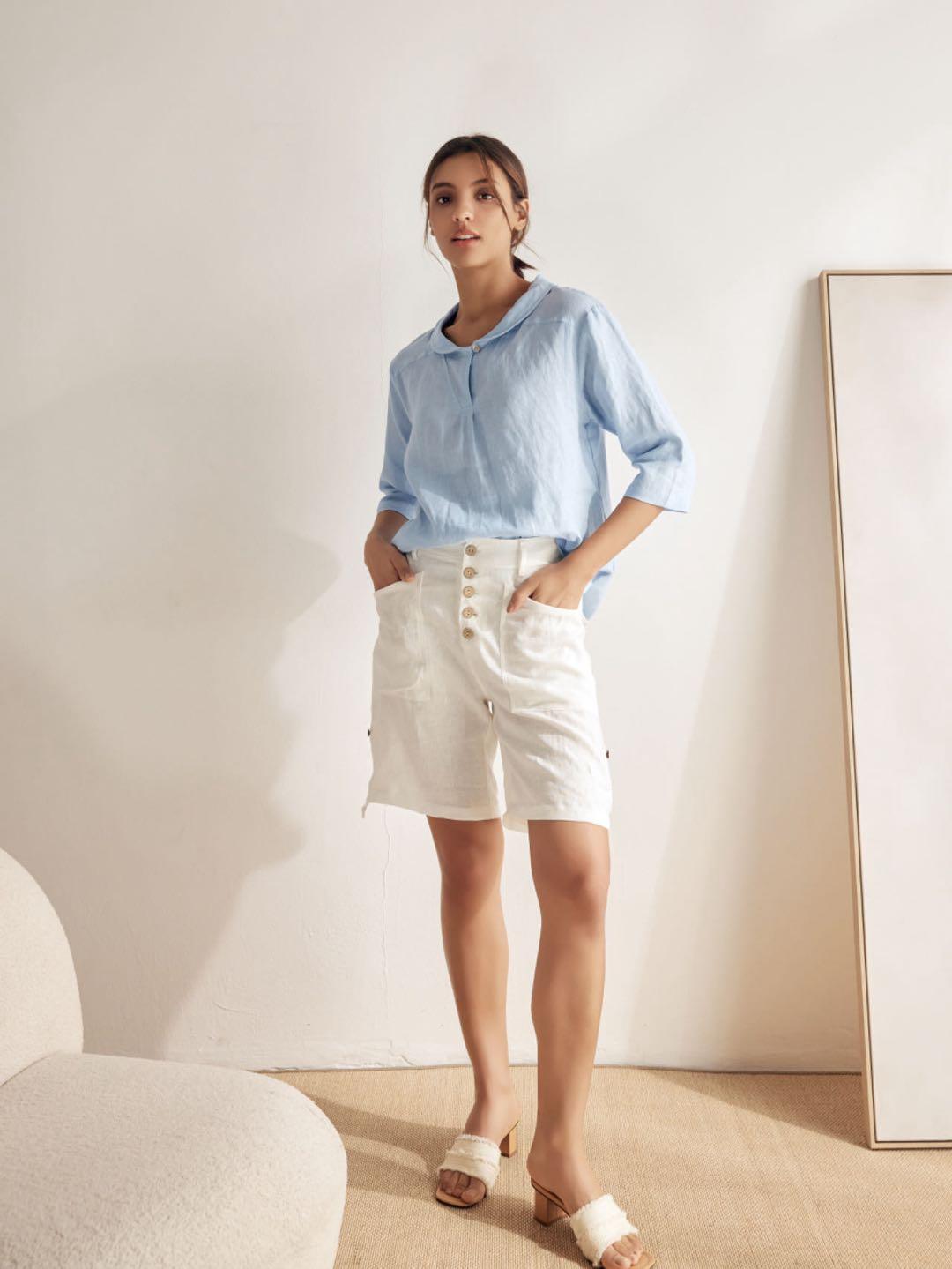 100% Linen Stripe Shawl V-Neck Half Sleeve Top by LINTICO