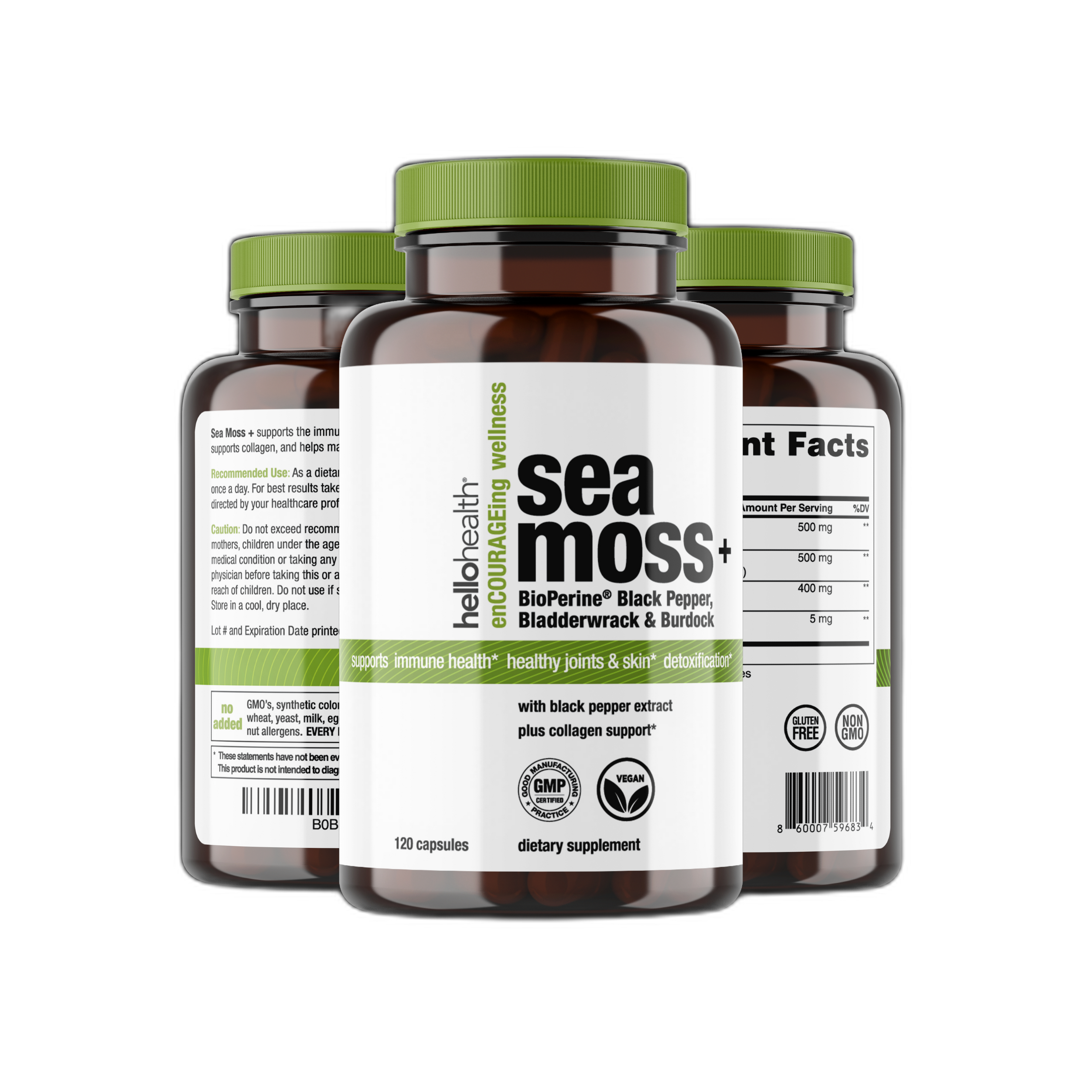 Organic Irish Sea Moss, Organic Bladderwrack, Organic Burdock & Bioperine capsules by hellohealth