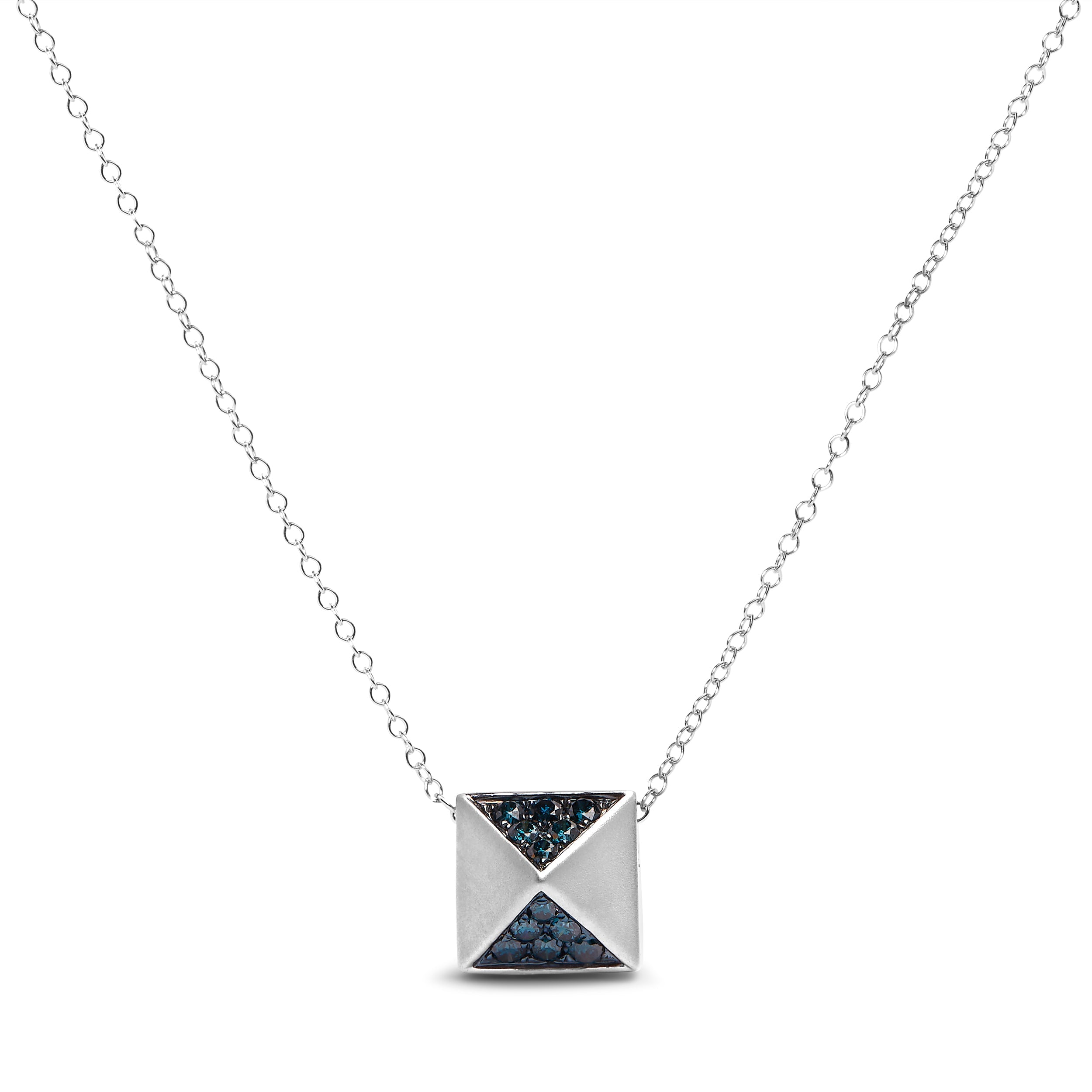 14K White Gold 1/4 Cttw Treated Blue Diamond Matte Finished Pyramid Pendant Necklace (Blue Color, SI1-SI2 Clarity) - 18" Inches by Bids.com