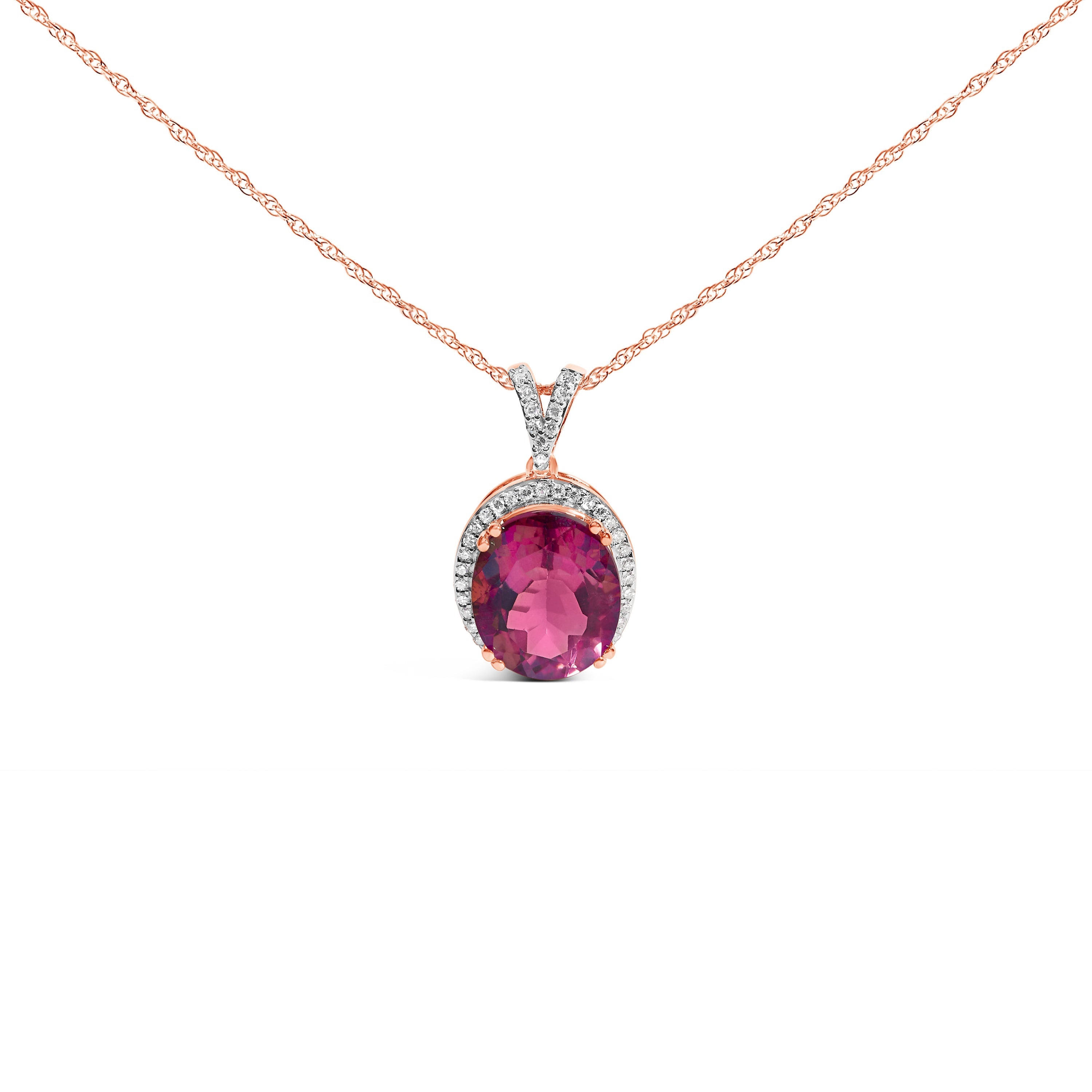 14K Rose Gold Vermeil Sterling Silver 1/5 Cttw Diamond Pink Quartz Oval Pendant Necklace DestGlow