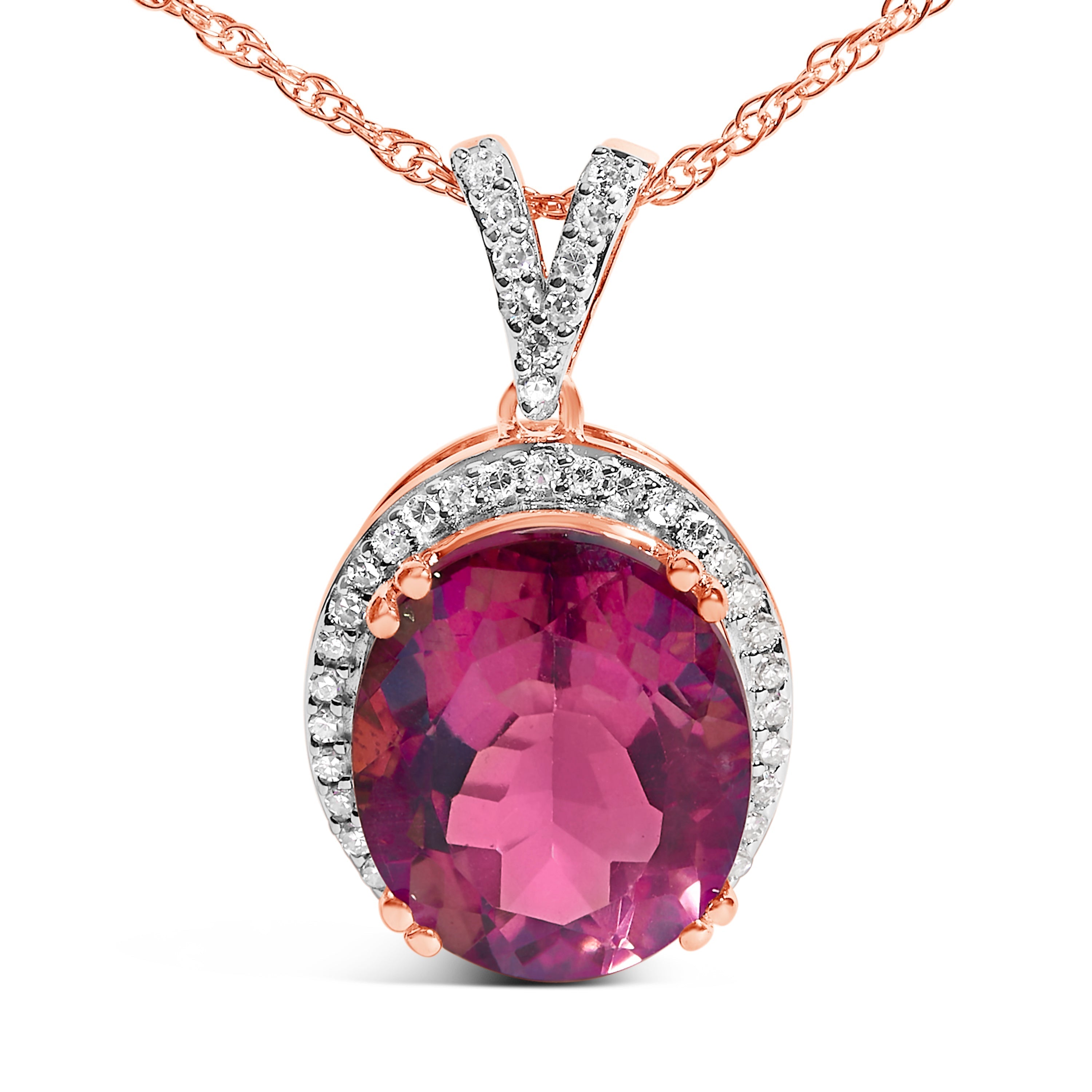 14K Rose Gold Vermeil Sterling Silver 1/5 Cttw Diamond Pink Quartz Oval Pendant Necklace DestGlow